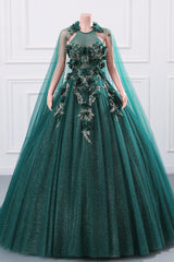 Women's Beaded Applique Tulle Emerald Green Prom Ball Gowns Quinceanera Dress A-Line Wedding Bridesmaid Eveniing Dresses