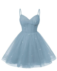 Women's V Neck Tulle Spaghetti Straps Dusty Blue Homecoming Dresses with Corset Back Short Prom Gowns for Teens