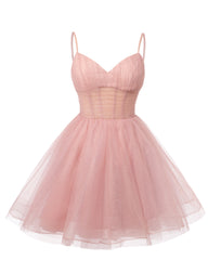 Women's V Neck Tulle Spaghetti Straps Blush Pink Homecoming Dresses with Corset Back Short Prom Gowns for Teens