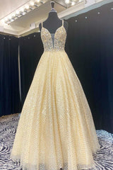 Yellow Beaded Plunge Neck A-Line Prom Gown