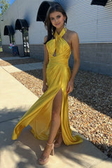 Yellow Halter Satin Mermaid Long Prom Dress With Slit