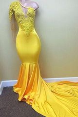 Yellow one shoulder mermaid prom dress, lace evening dresses