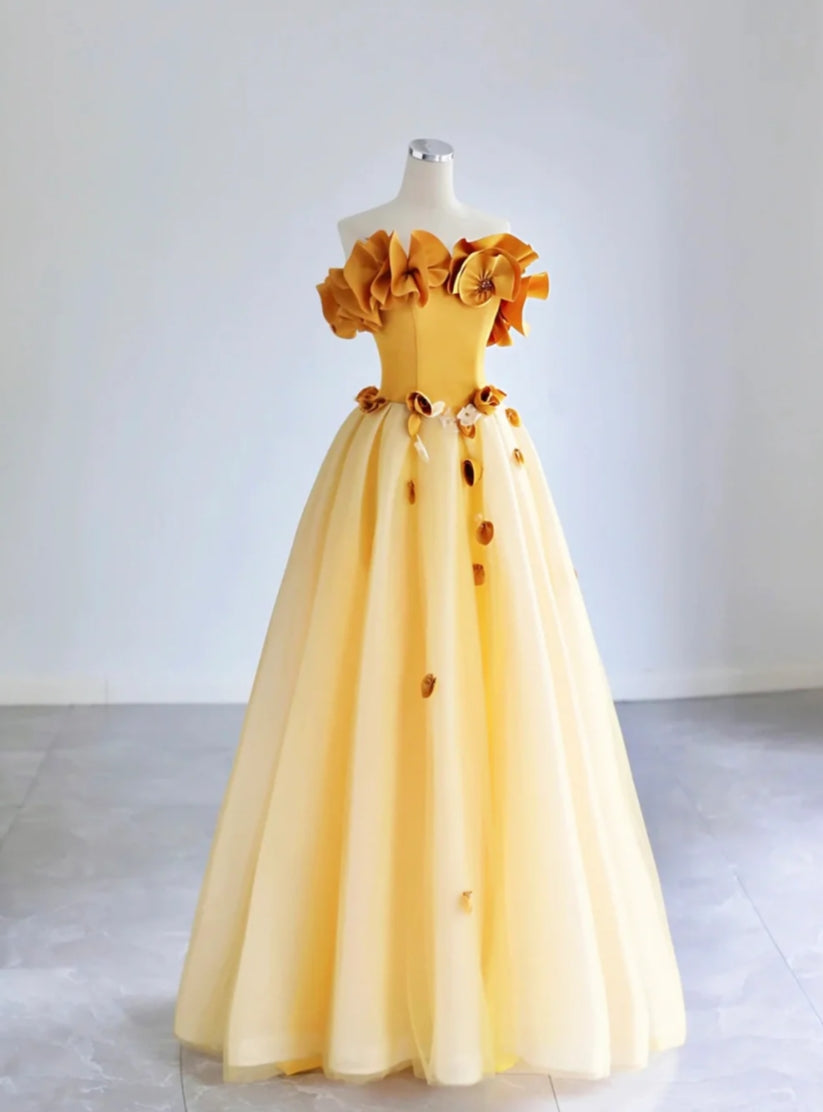 Yellow Tulle Applique Off the Shoulder Prom Dress