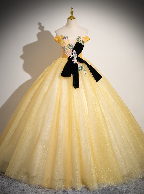 Yellow Tulle Off the Shoulder Appliques Quinceanera Dress