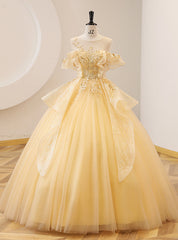 Yellow Tulle Sequins Appliques Beading Quinceanera Dress