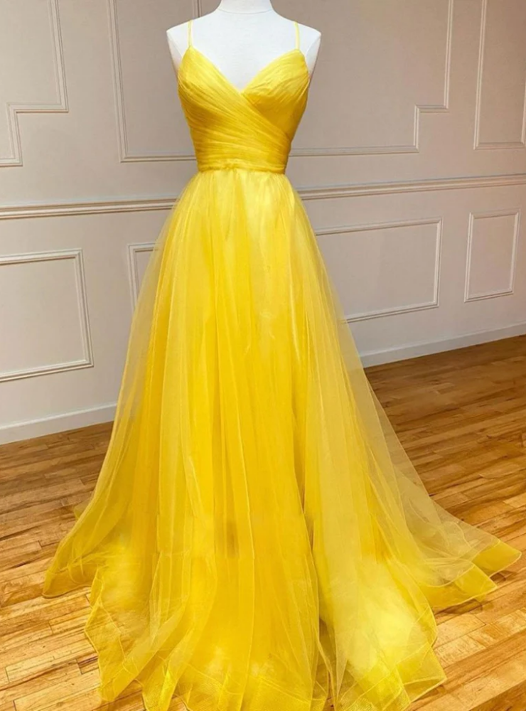 Yellow Tulle Spaghetti Straps Pleats Prom Dress