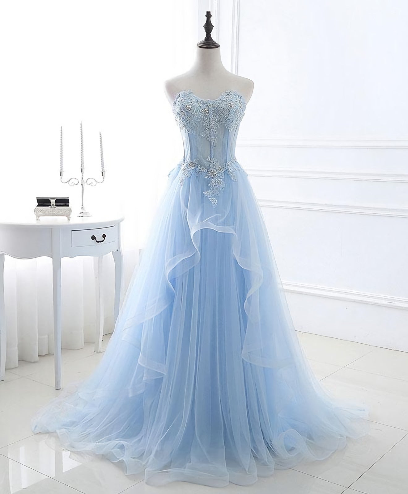 Light Blue Tulle Lace Long Prom Dress, Formal Dress