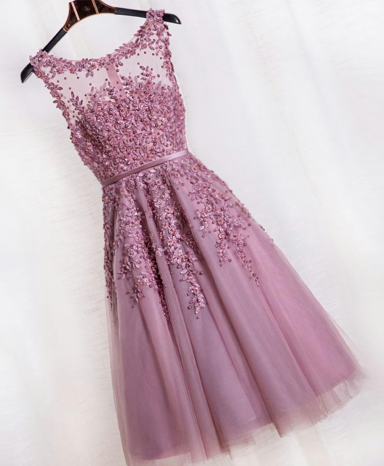 Cute Pink Lace Tulle Short Prom Dress, Pink Evening Dress