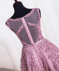 Cute Pink Lace Tulle Short Prom Dress, Pink Evening Dress