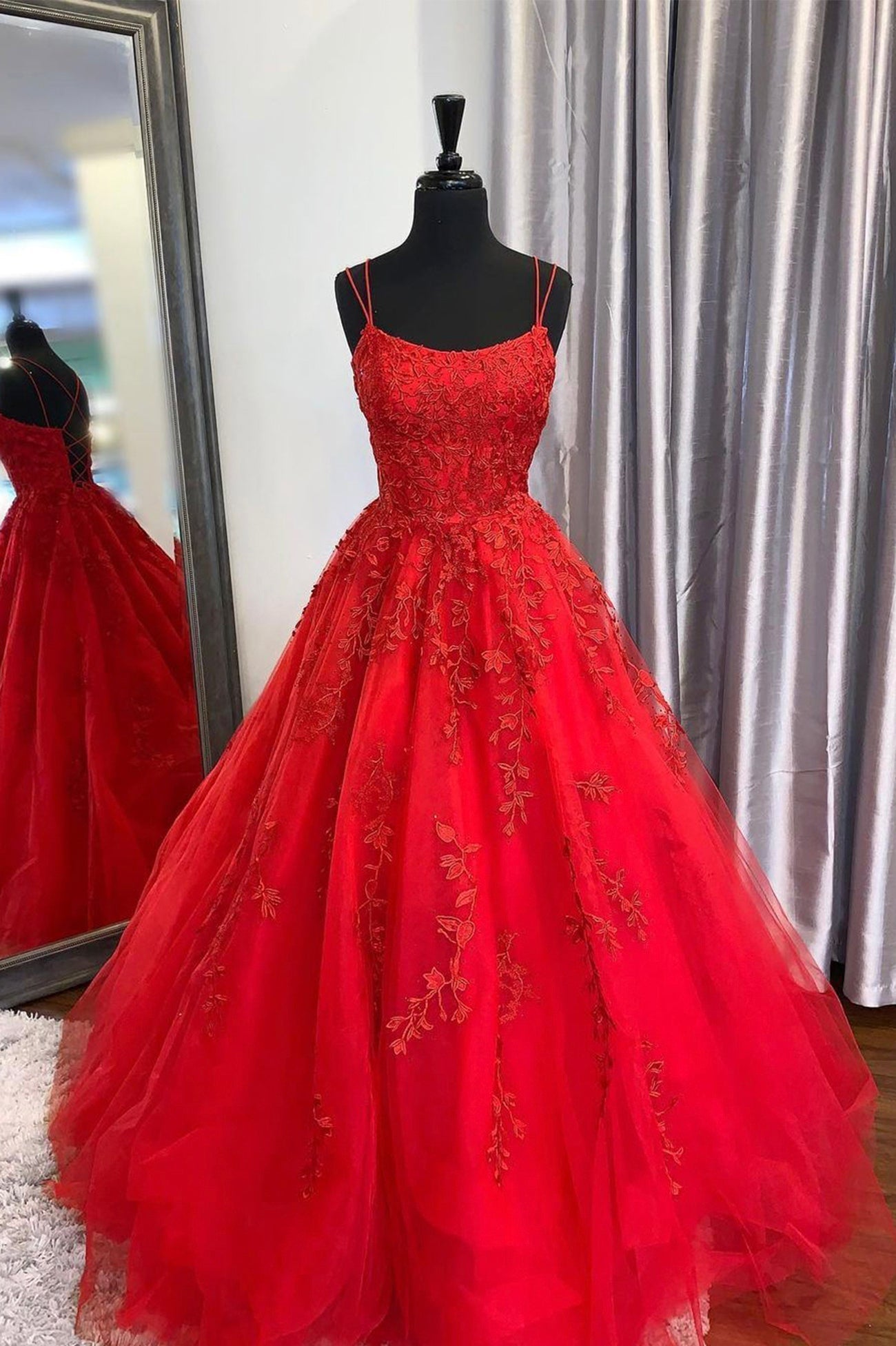 Red Lace Long Prom Dresses, A-Line Formal Evening Dresses