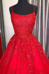 Red Lace Long Prom Dresses, A-Line Formal Evening Dresses