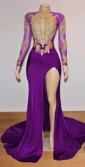 Unique Prom Dresses, Long Sleeve High Neck Beaded Split Prom Dresses