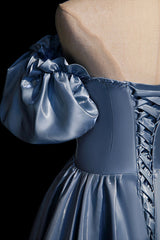 Cute Satin Long Prom Dresses, Blue Short Sleeve A-Line Evening Dresses