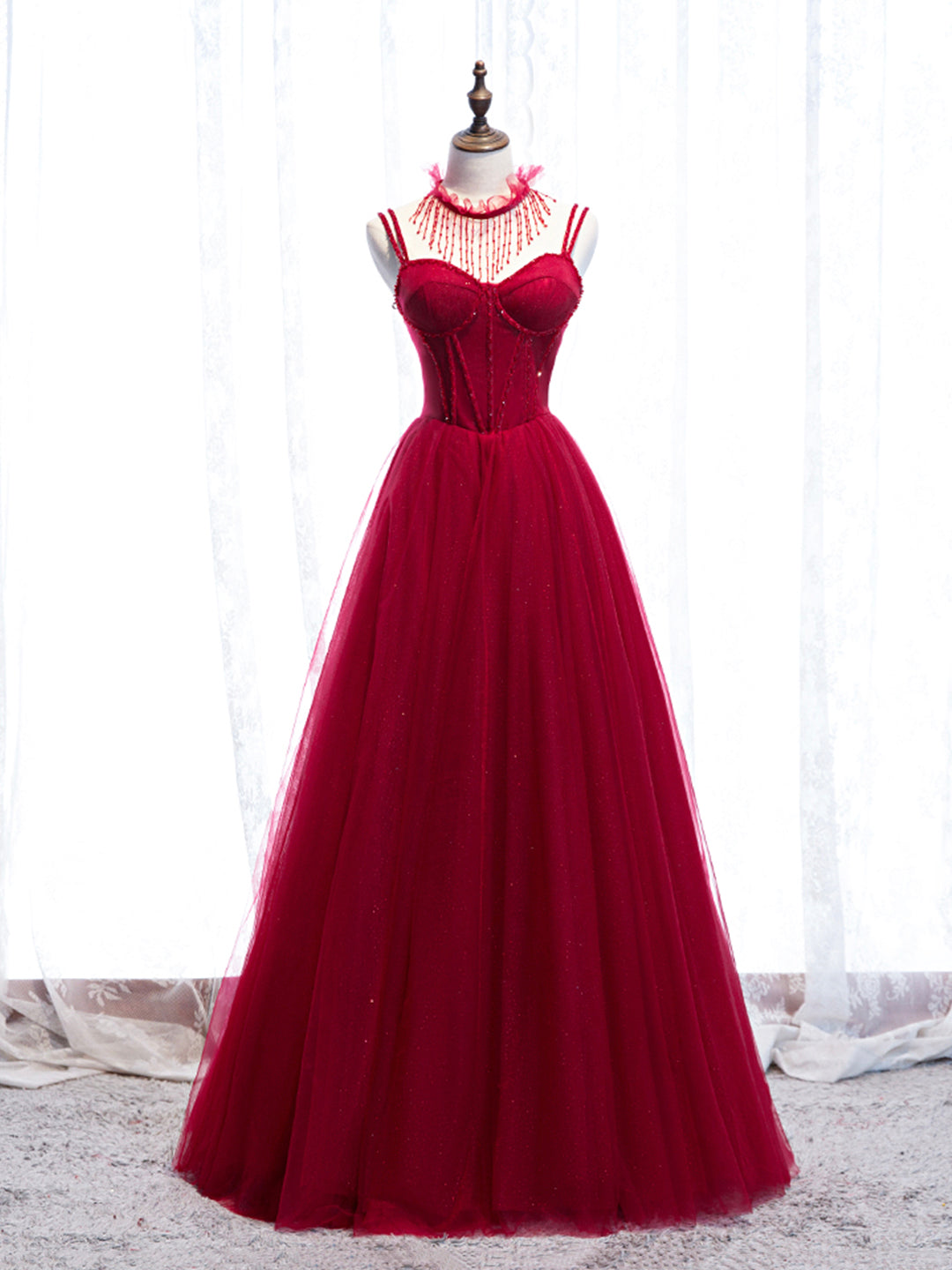 Red Spaghetti Strap Tulle Party Dress, Red Floor Length Prom Dress