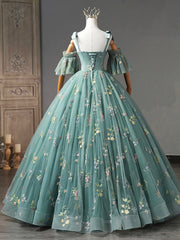 Green Floral Tulle Long Prom Dress, Cute Off Shoulder Evening Party Dress