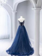 Blue Tulle Beaded Long Prom Dress, A-Line Spaghetti Strap Formal Evening Dress