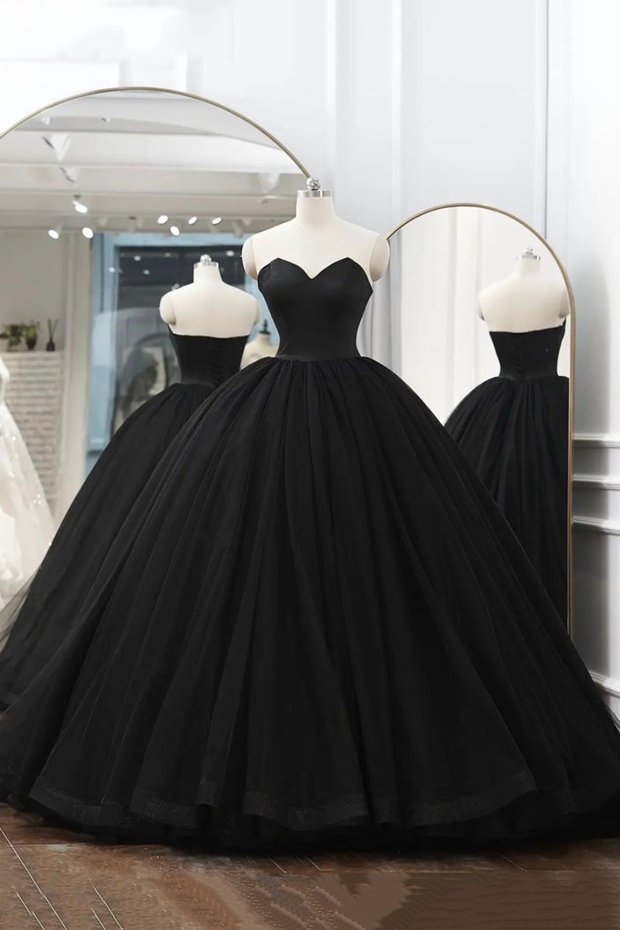 Black Tulle Long A-Line Prom Dresses, Black Strapless Long Evening Dresses