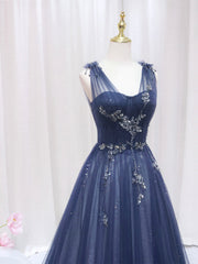 Blue Tulle Beaded Long Prom Dress, Blue Evening Party Dress