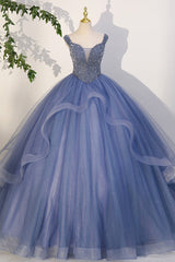 Blue Beaded Tulle Long A-Line Prom Dress, Blue Formal Evening Dress