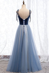 Blue Velvet Tulle Long Prom Dresses, A-Line Evening Dresses