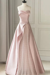 Pink Strapless Satin Floor Length Prom Dress, A-Line Formal Evening Dress