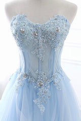 Blue Strapless Tulle Lace Long A-Line Prom Dress, Blue Evening Dress