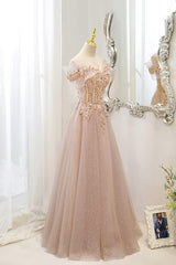 Pink Tulle Sequins Long Prom Dresses, A-Line Off the Shoulder Evening Dresses