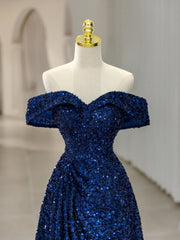 Blue Sequins Long Prom Dress, Off the Shoulder Blue Evening Dress