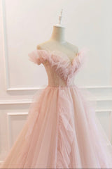 Pink Tulle Long Prom Dresses, A-Line Graduation Dresses