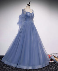 Blue Tulle Sweetheart Long Prom Dress, Blue Tulle Formal Dress