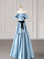 Blue Satin Long Formal Dress, Blue Strapless A-Line Prom Dress