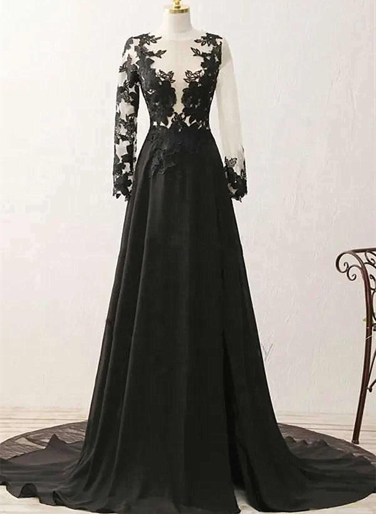 Black Long Sleeves Chiffon With Lace Evening Dress, Black A-Line Party Dress With Leg Slit