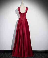 A-Line Sleeveless Wine Red Satin Evening Dress, Wine Red Long Prom Dress