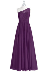 One-Shoulder Purple Lace A-Line Long Bridesmaid Dress with Slit