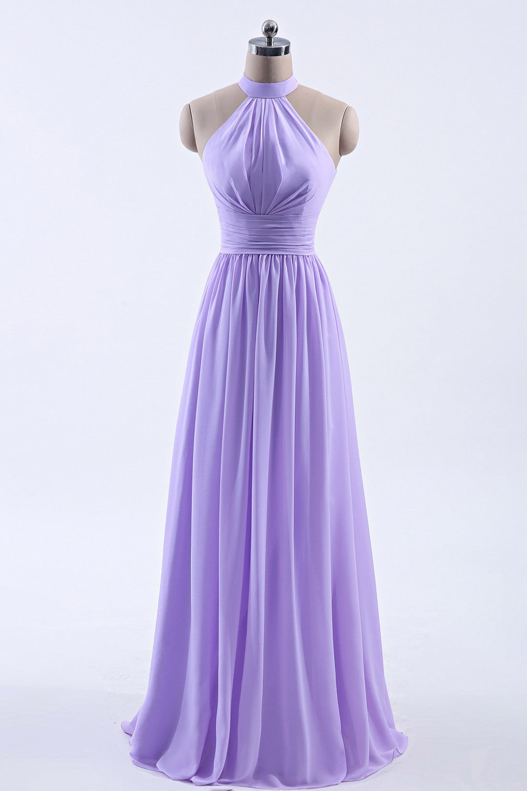 High Neck Lavender Chiffon Empire A-line Long Bridesmaid Dress