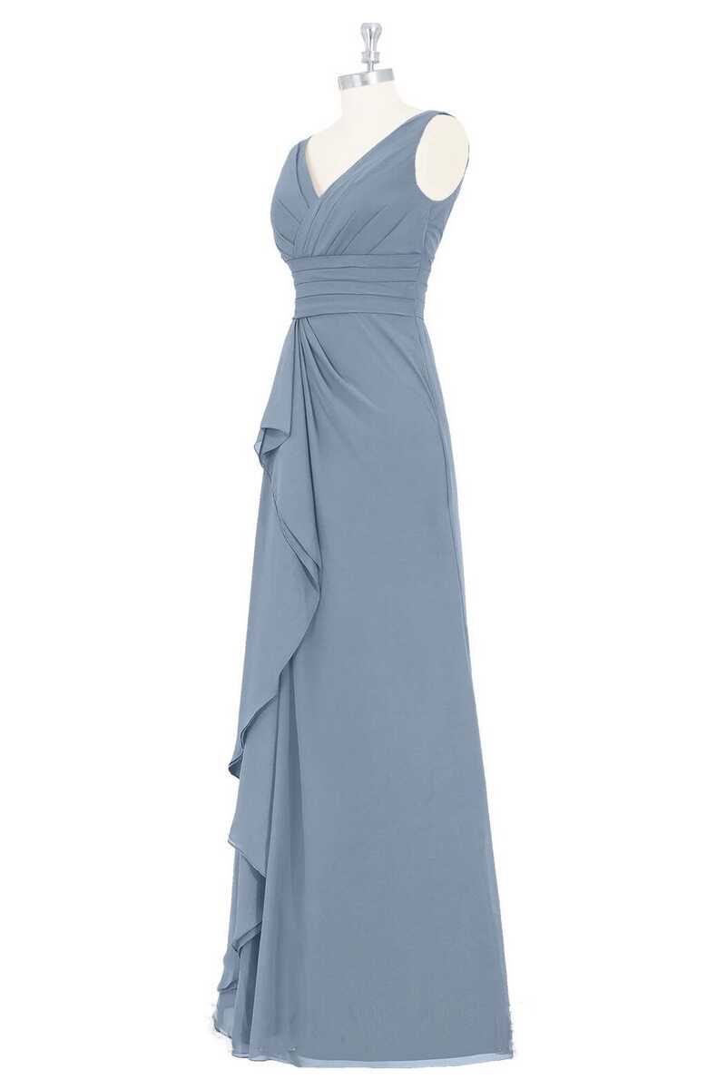 Dusty Blue V-Neck Banded Waist Ruffled Long Bridesmaid Dress