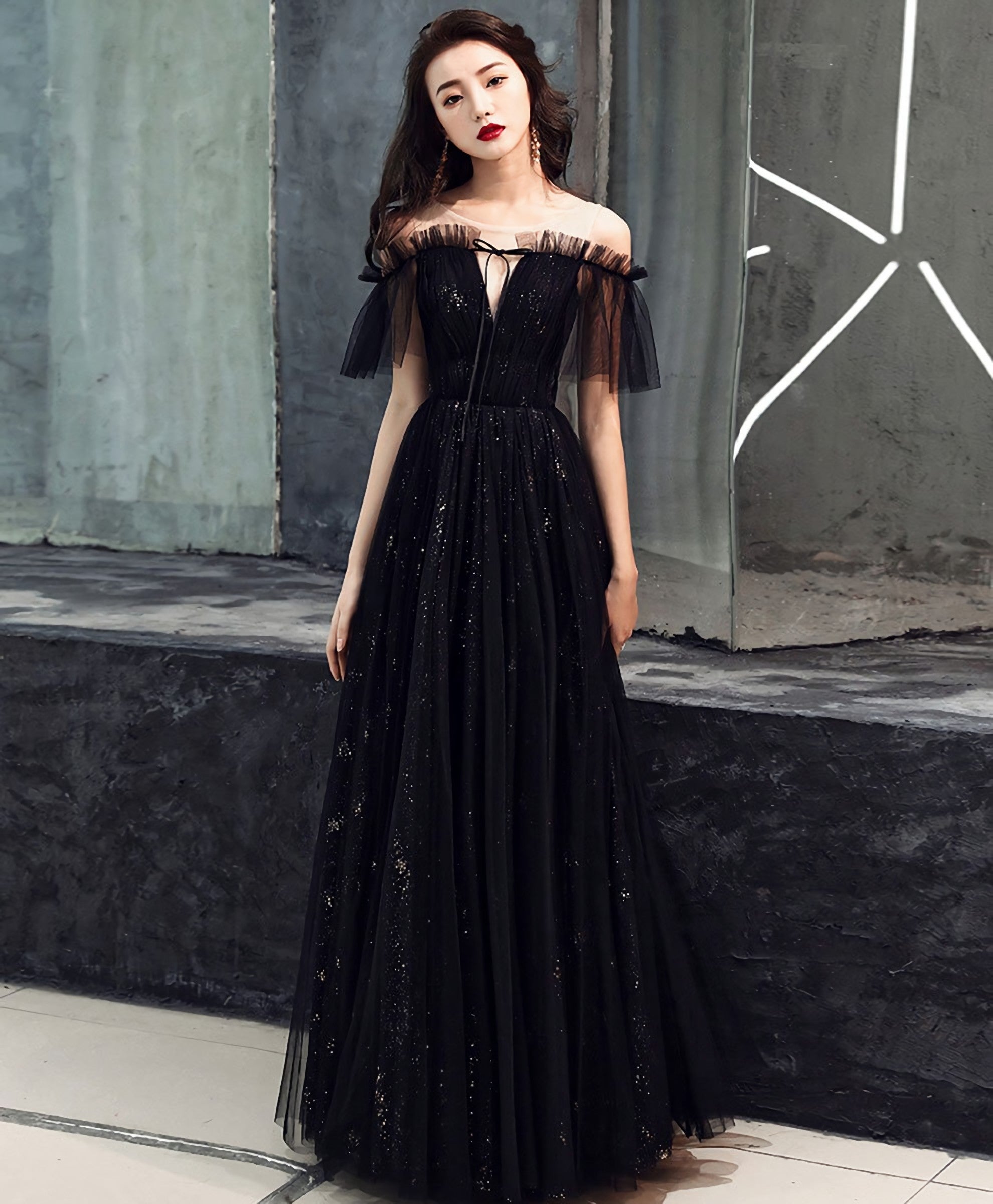 Black Tulle Off Shoulder Long Prom Dress, Black Formal Dress