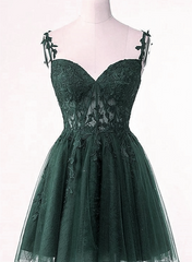 V-Neckline Dark Green Tulle With Lace Short Homecoming Dress, Green Short Prom Dress