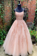 Lace Appliques Pink A LineTulle Long Prom Dresses With Straps