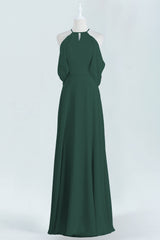 Hunter Green Chiffon A-line Long Bridesmaid Dress with Cold Sleeves