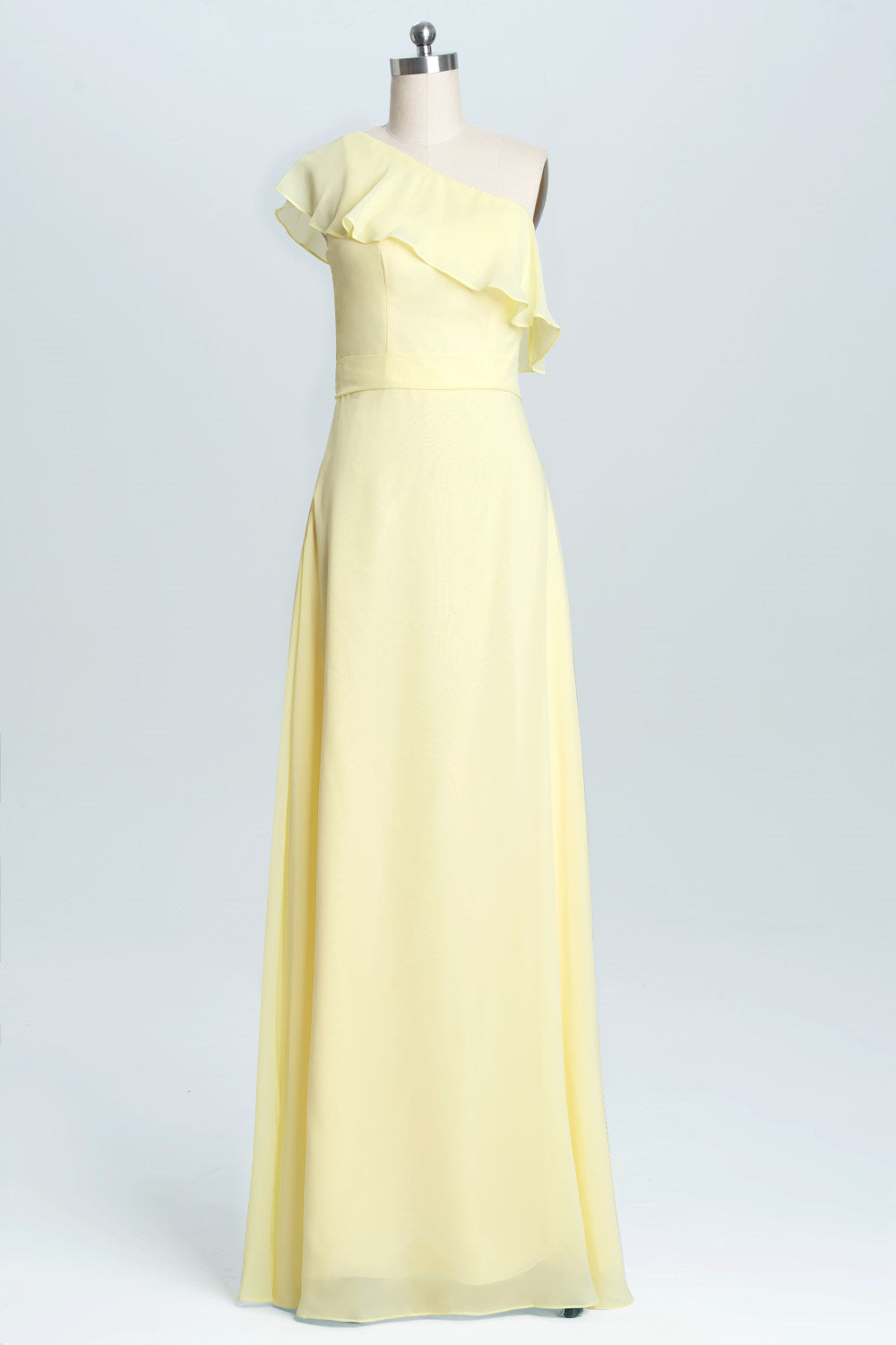 One Shoulder Yellow Ruffles A-line Long Bridesmaid Dress