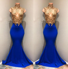 Charming Royal Blue Mermaid See Through Gold Appliques African Long Prom Dresses