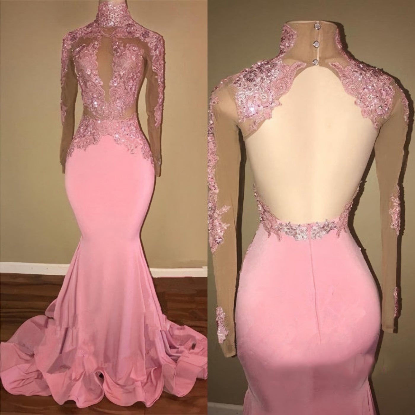 Alluring Pink Mermaid Long Sleeves Backless Elastic Satin Open Front High Neck Prom Dresses 2024