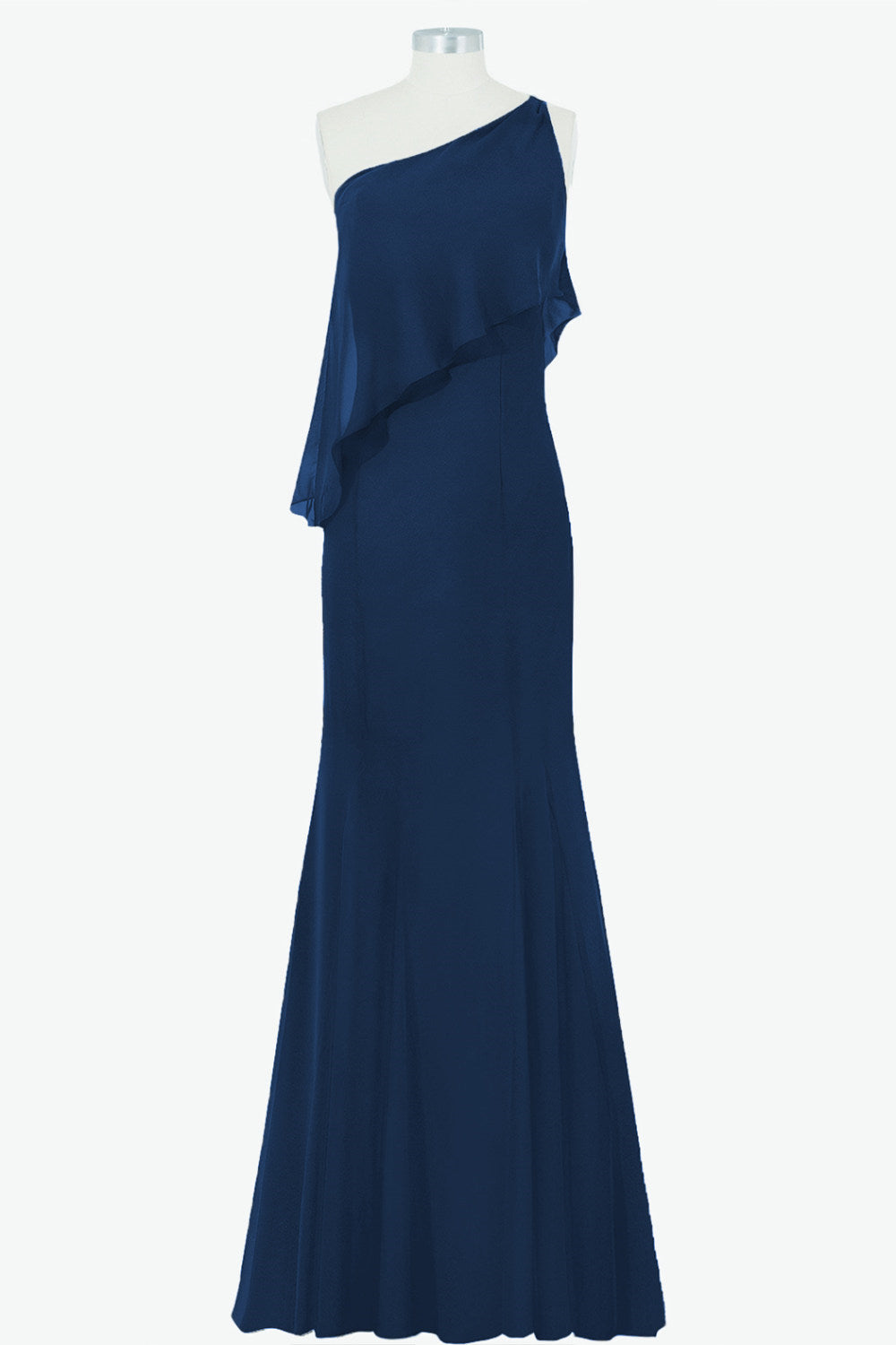 One Shoulder Navy Blue Flounce Mermaid Long Bridesmaid Dress