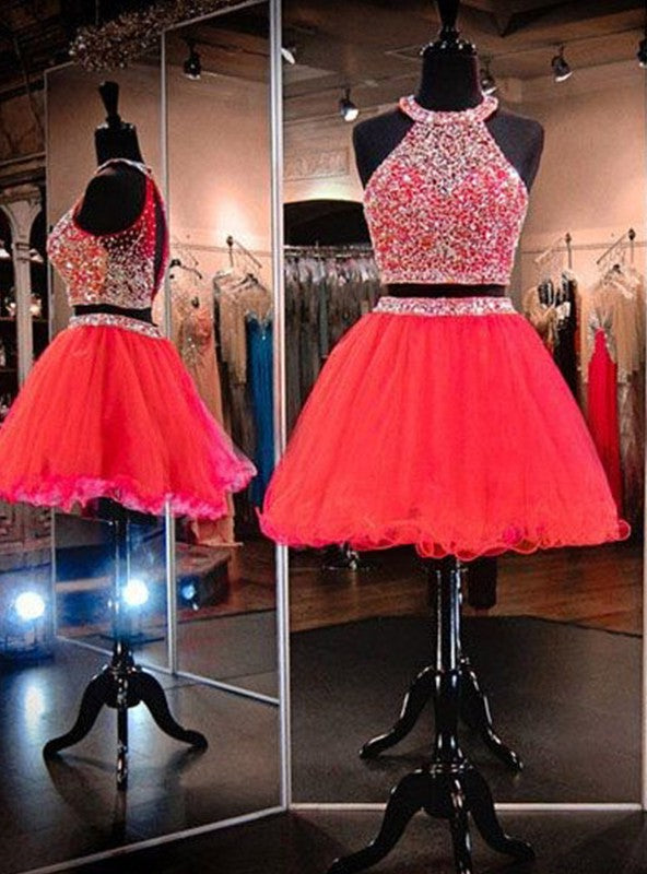 Sleeveless Two Pieces A line Pleated Organza Red Halter Rhinestone Backless Homecoming Dresses