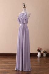 Lilac Halter Open Back Ruffled Long Bridesmaid Dress