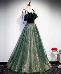 Green Tulle Lace Long Prom Dress, Green Tulle Lace Formal Dress, 1