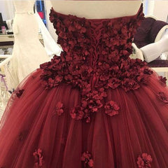 Strapless Tulle With Appliques Lace Up Back Burgundy Ball Dresses