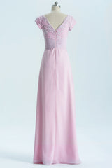 Short Sleeves Pink Appliques Knot Long Bridesmaid Dress