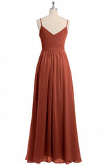 Rust Orange Spaghetti Straps Sweetheart Ruffled Long Bridesmaid Dress